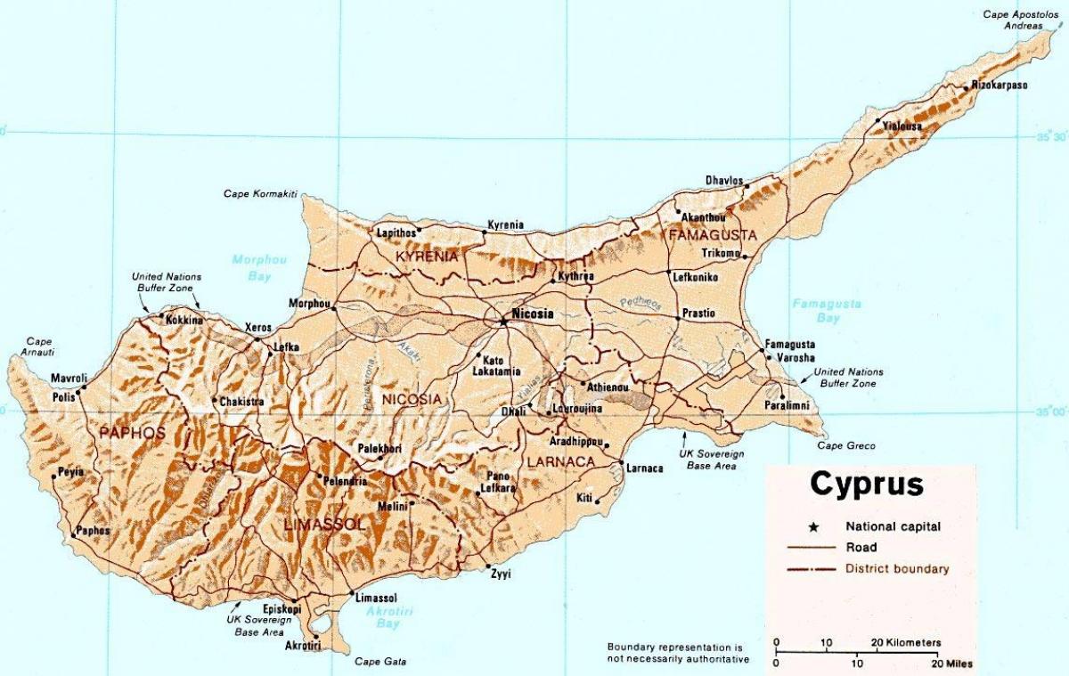 ramani ya kina ya Cyprus kisiwa