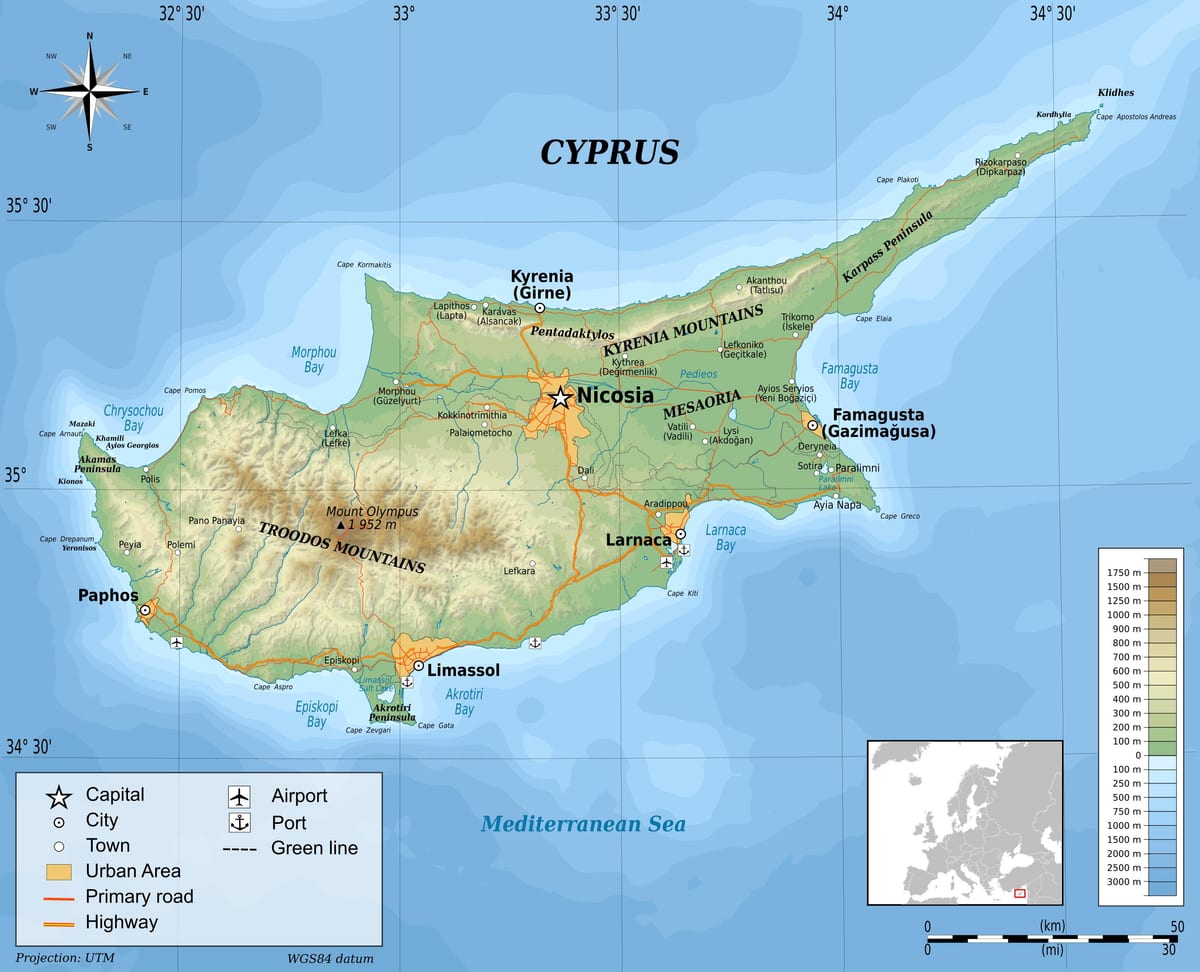 Ramani ya Cyprus kimwili